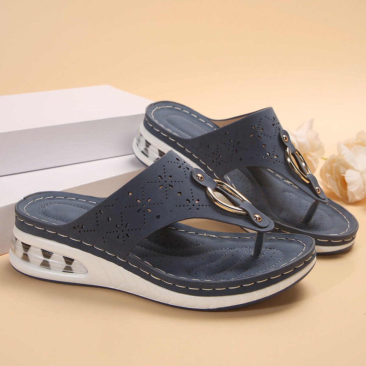 New Air Cushion Thong Sandals Summer Flip Flops Hollow Metal Buckle Wedges Shoes For Women Thick Sole Beach Shoes - J Micheal
