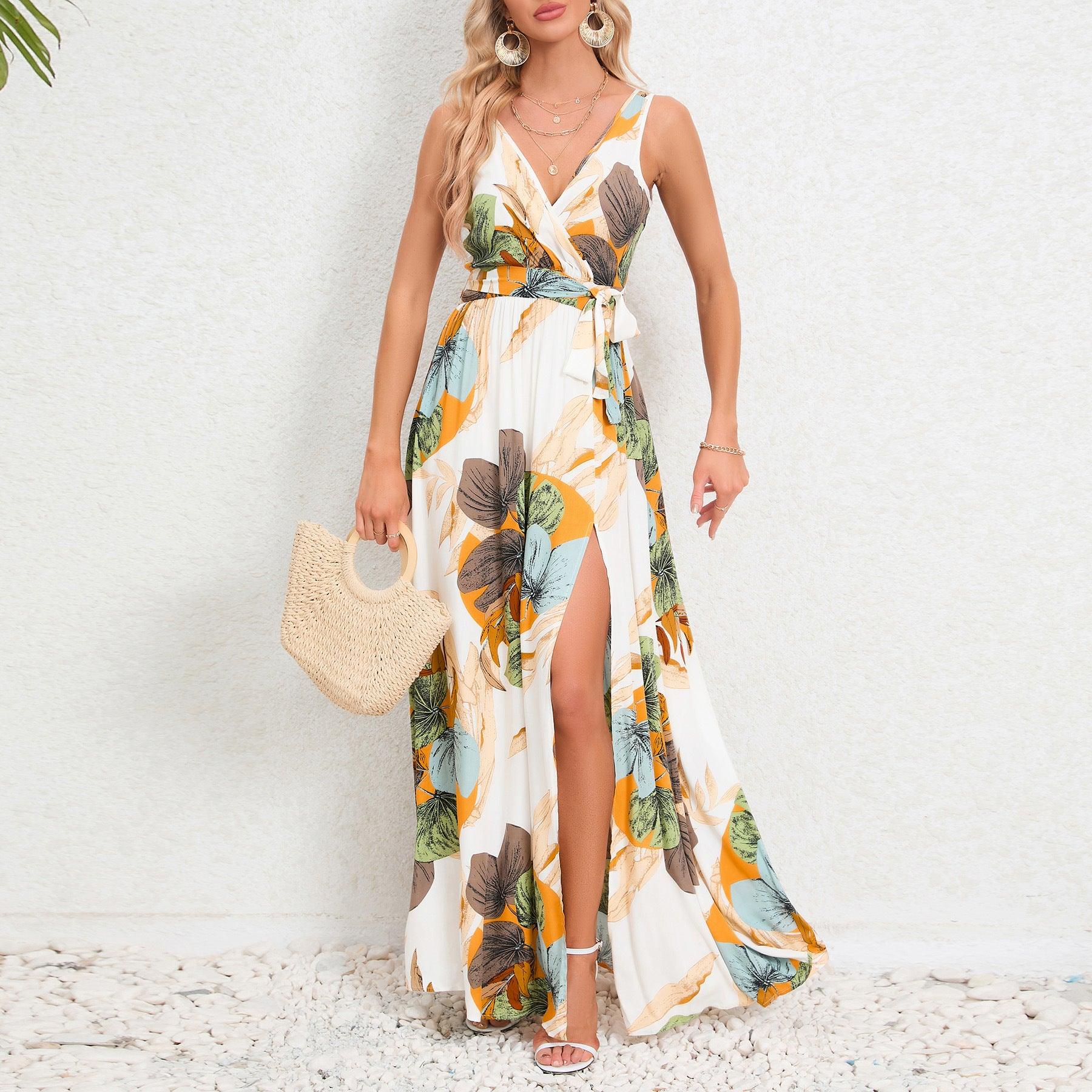 V-neck Floral Print Long Dress Summer Fashion Waist Tie Slit Design Sleeveless Dress For Womens Clothing - J Micheal