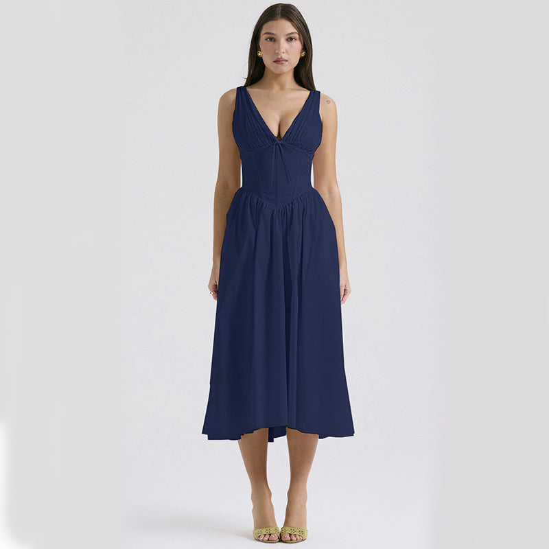 V-neck A-line Dress Summer Pleated Floral Print Tight Waist Swing Dresses With Pockets Womens Clothing - J Micheal