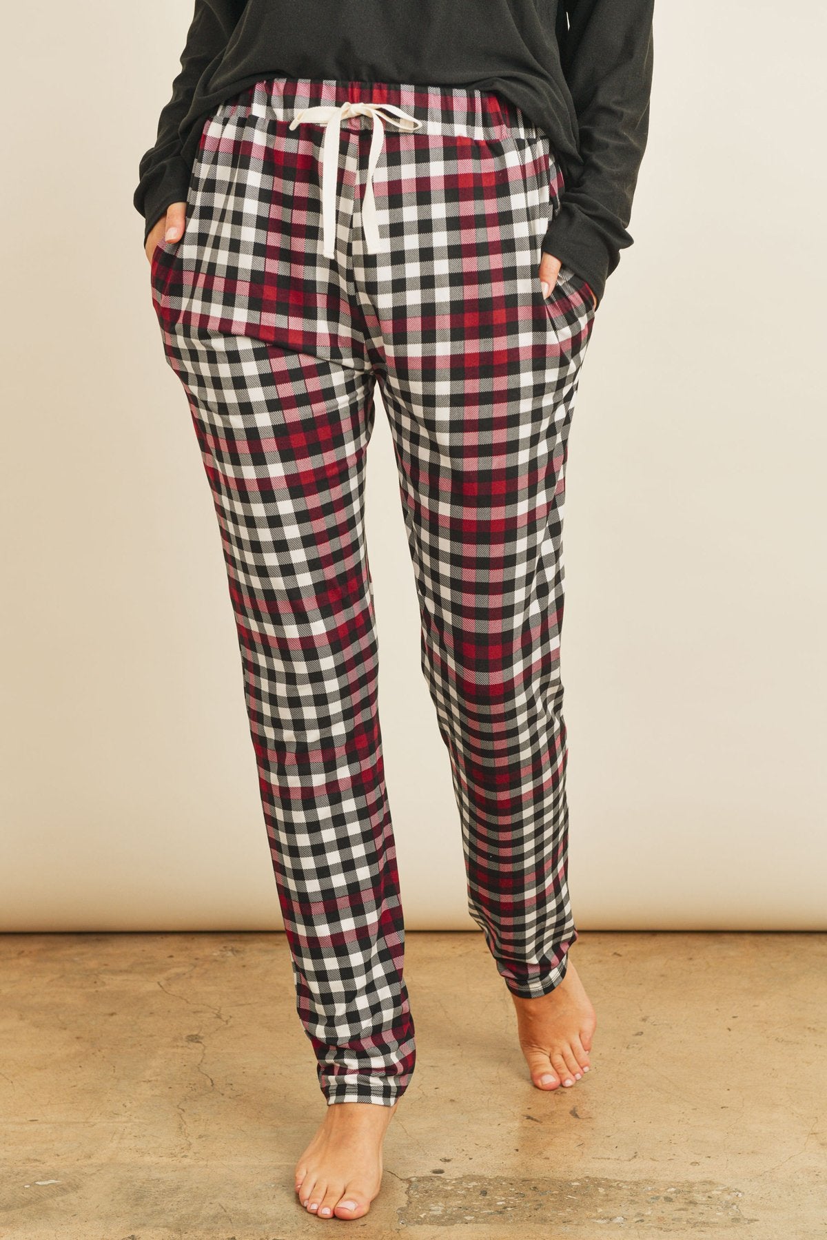 Solid Top Plaid Pocket and Joggers Set With Self Tie - J Micheal