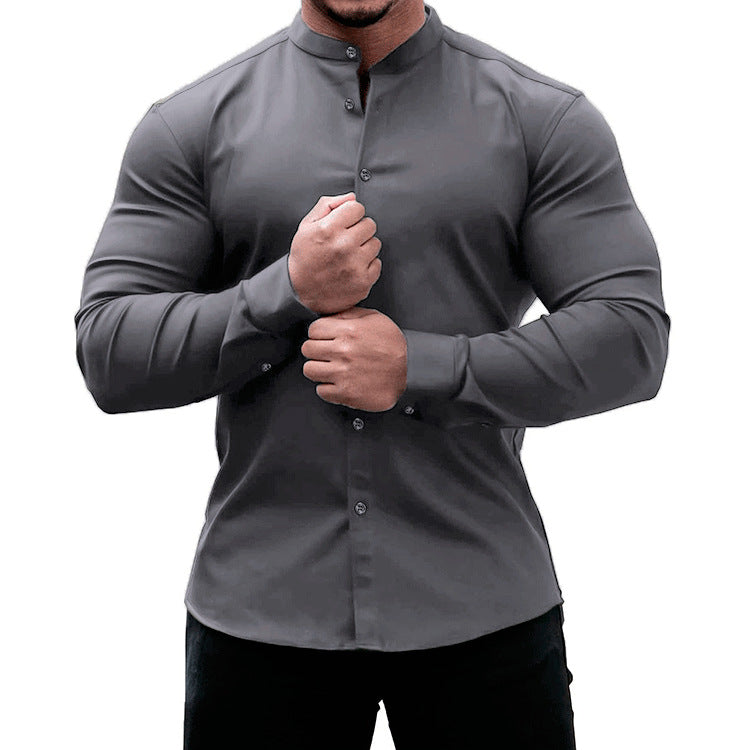 Long Sleeve Shirt Men Casual Button Down Slim Tops Solid Color Casual Mens Clothing - J Micheal