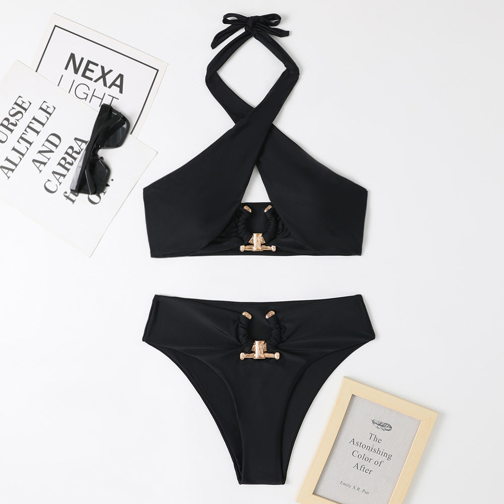 Women's Fashion Split High Waist Briefs Cross-halterneck Swimsuit - J Micheal