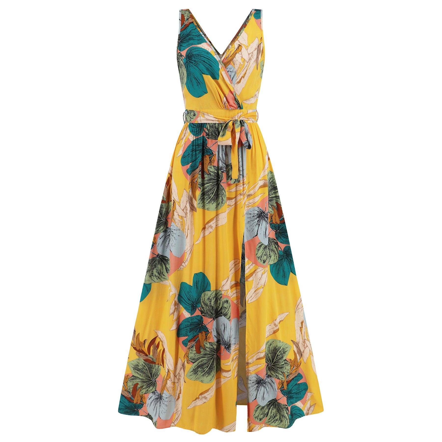 V-neck Floral Print Long Dress Summer Fashion Waist Tie Slit Design Sleeveless Dress For Womens Clothing - J Micheal