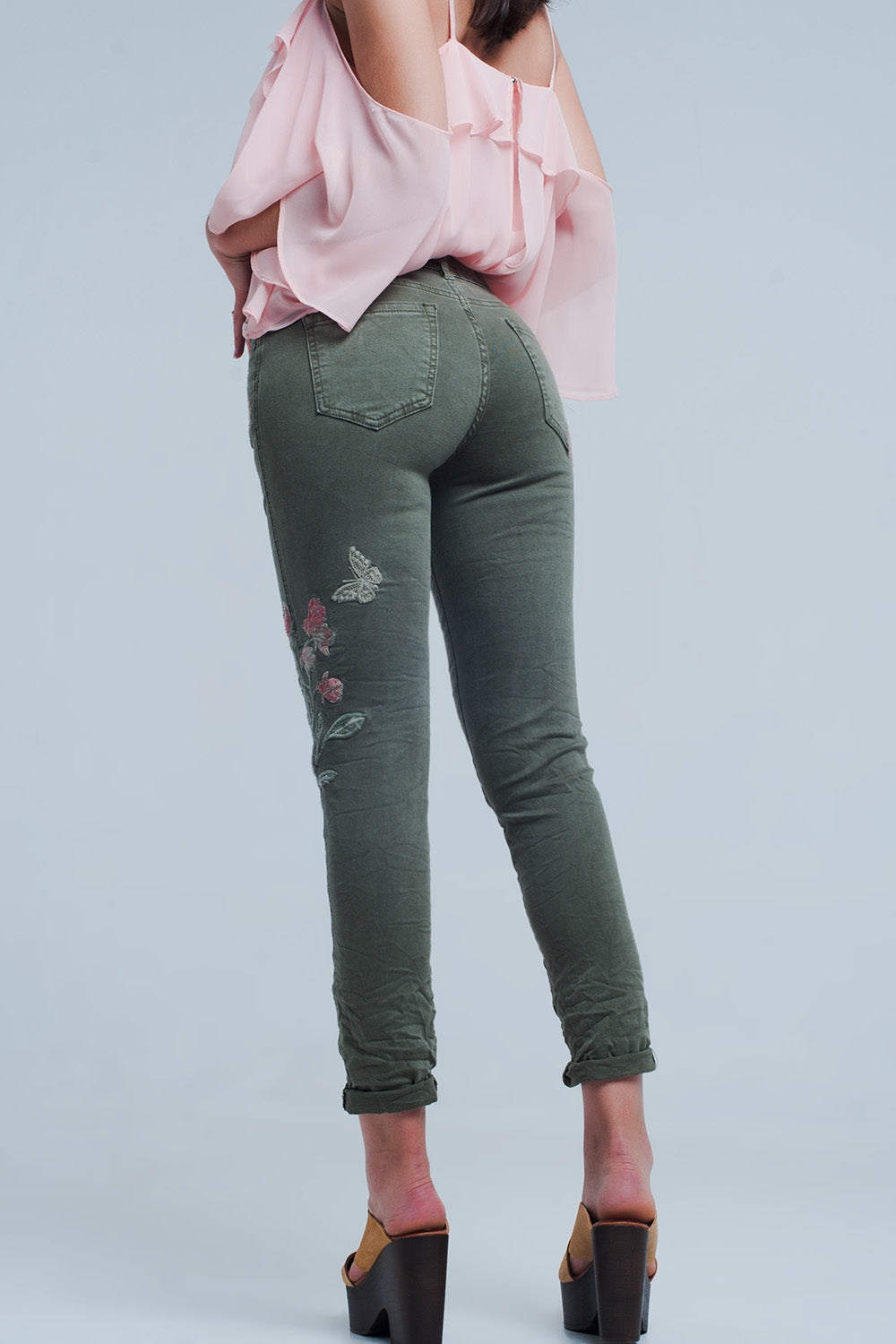 Khaki Jeans With Embroidered Flower - J Micheal