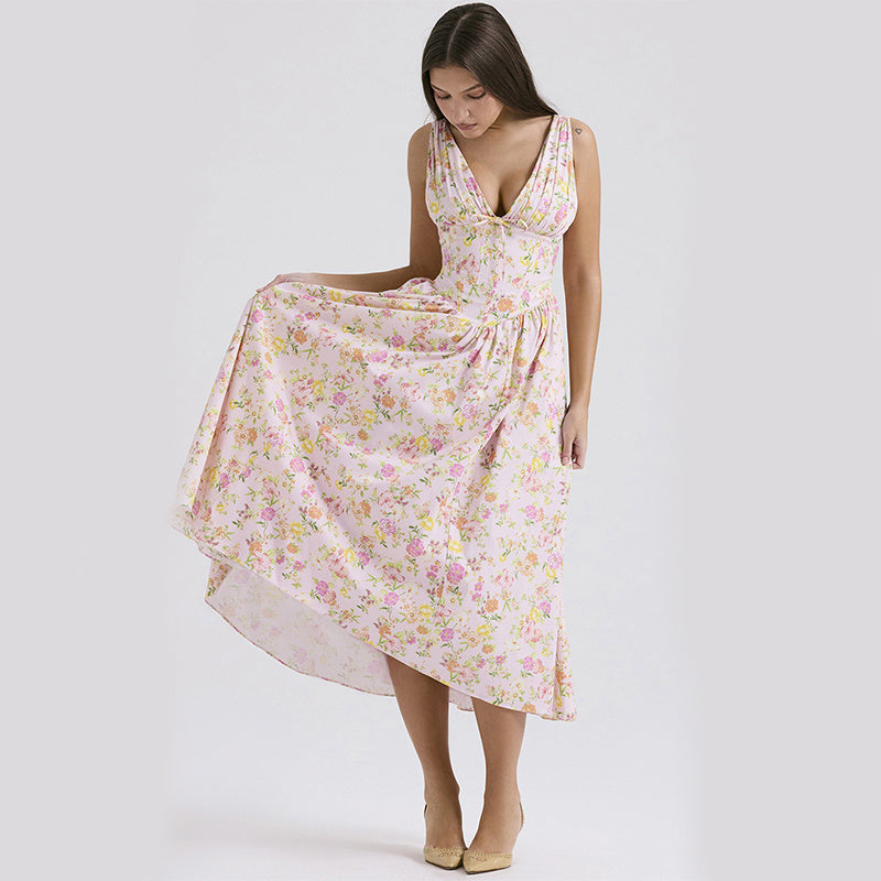 V-neck A-line Dress Summer Pleated Floral Print Tight Waist Swing Dresses With Pockets Womens Clothing - J Micheal