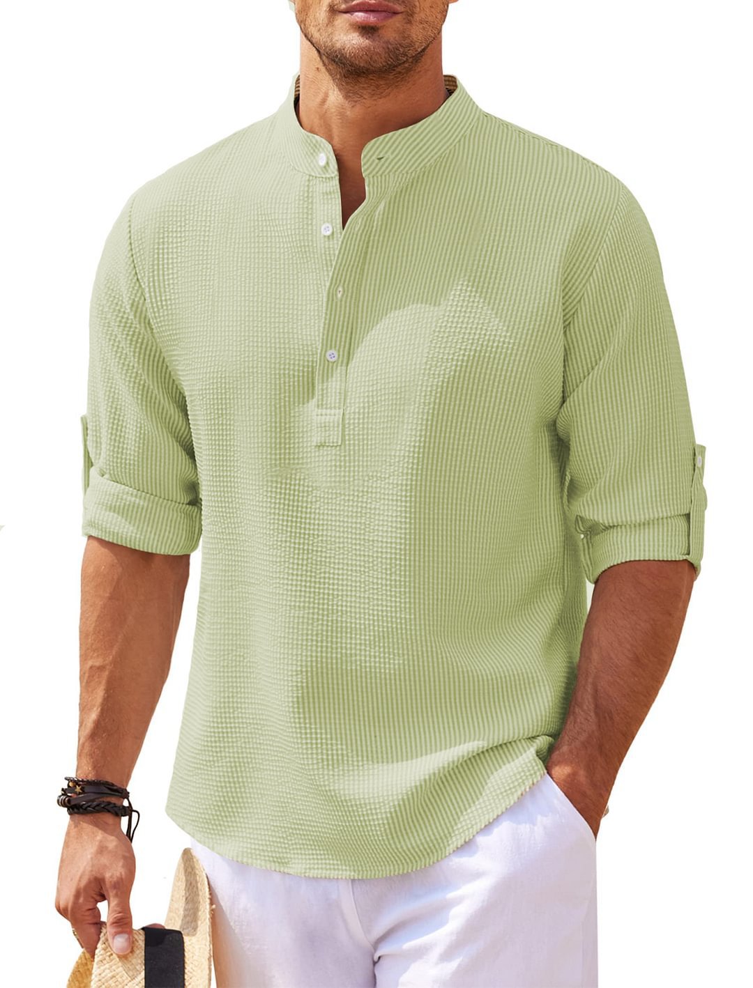 Men's Casual Shirt Long Sleeve Stand Collar Solid Color Shirt Mens Clothing - J Micheal