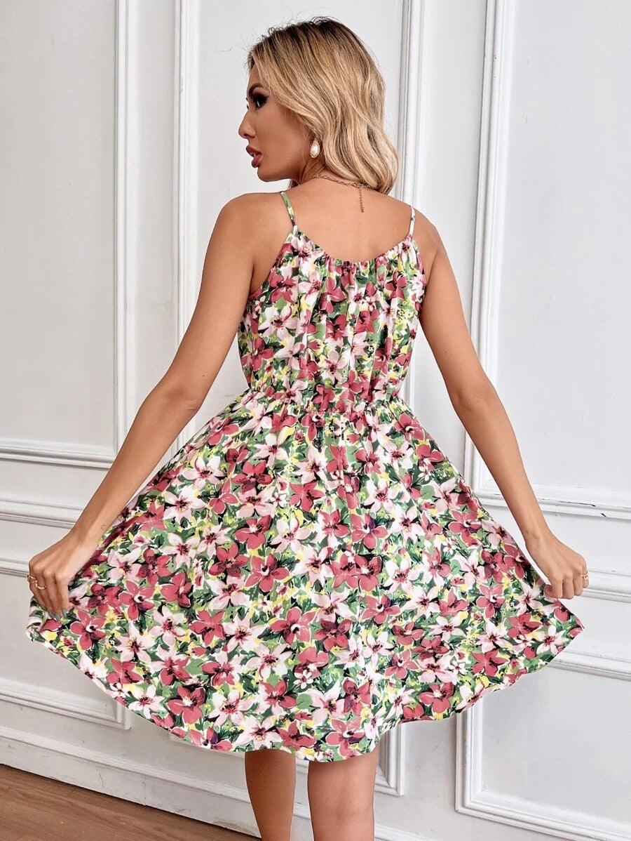 Floral Print Suspender Dress With Elastic Waist Design Fashion Summer Short Dresses Womens Clothing - J Micheal