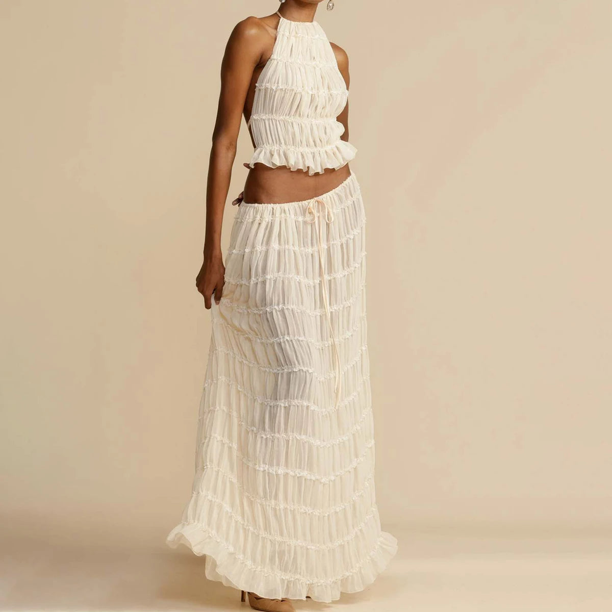 2pcs Women's Dress Suit Sexy Sleeveless Backless Cropped Halter Top And Pleated Long Dress - J Micheal