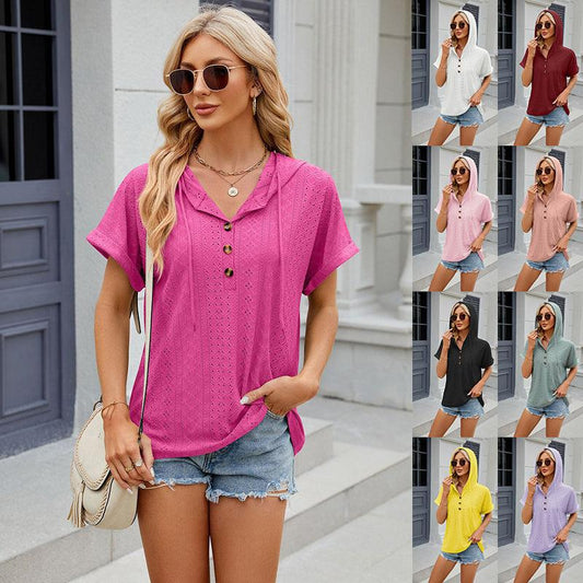 New Solid Color Hooded Button T-shirt Loose Hollow Design Short-sleeved Top For Womens Clothing - J Micheal