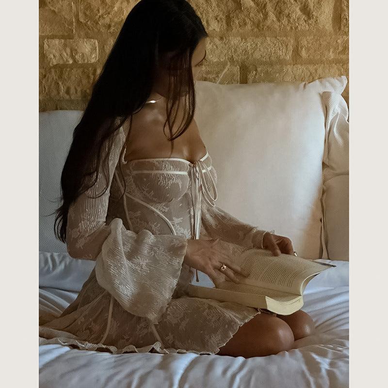 Lace Square Collar Dress Bell-bottom Long Sleeve Tied A- Line Dresses Womens Clothing - J Micheal