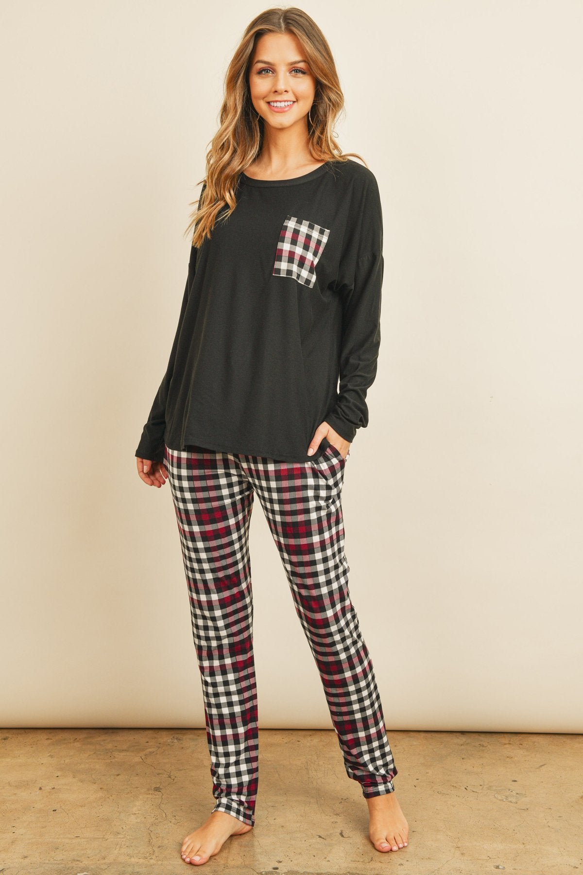 Solid Top Plaid Pocket and Joggers Set With Self Tie - J Micheal