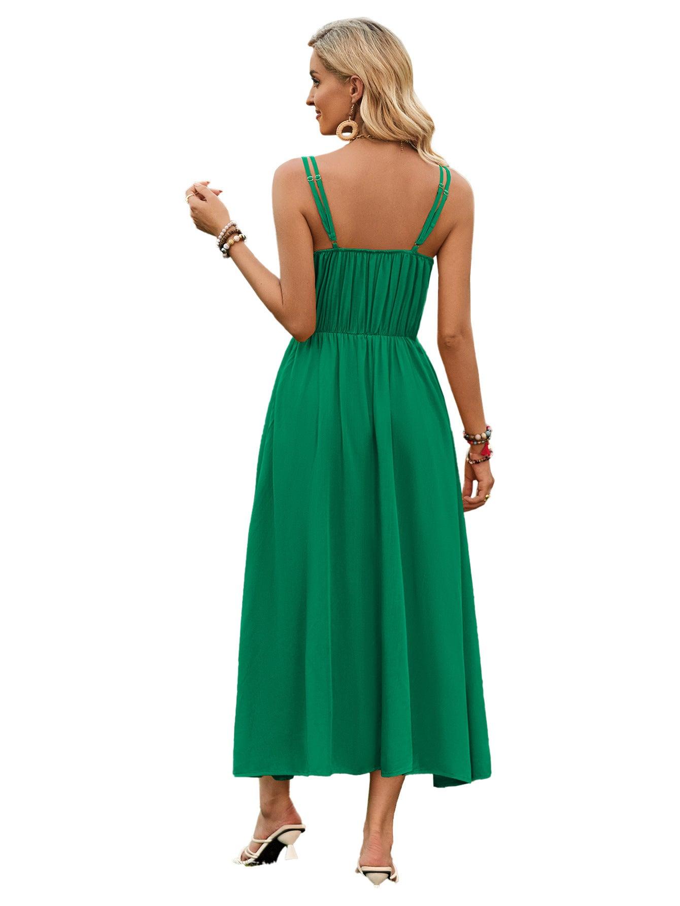 Solid Color Suspender Long Dress Spring And Summer Bow Waist Tie Design Dress Womens Clothing - J Micheal