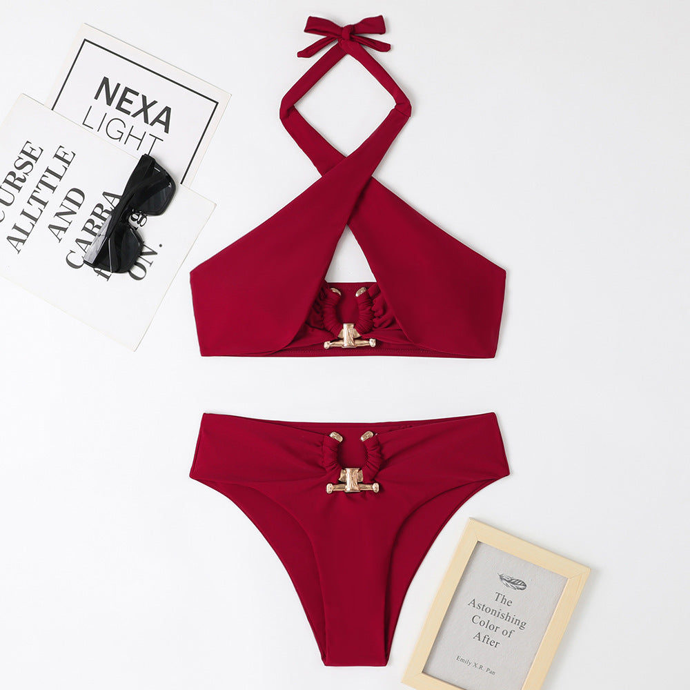 Women's Fashion Split High Waist Briefs Cross-halterneck Swimsuit - J Micheal