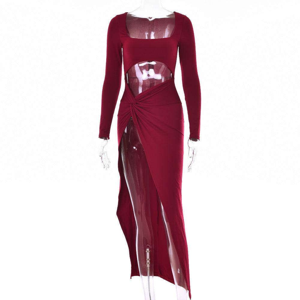 Womens Clothing Long Sleeve Dress Fashion Hollow U-neck Split Dress Party Wedding - J Micheal