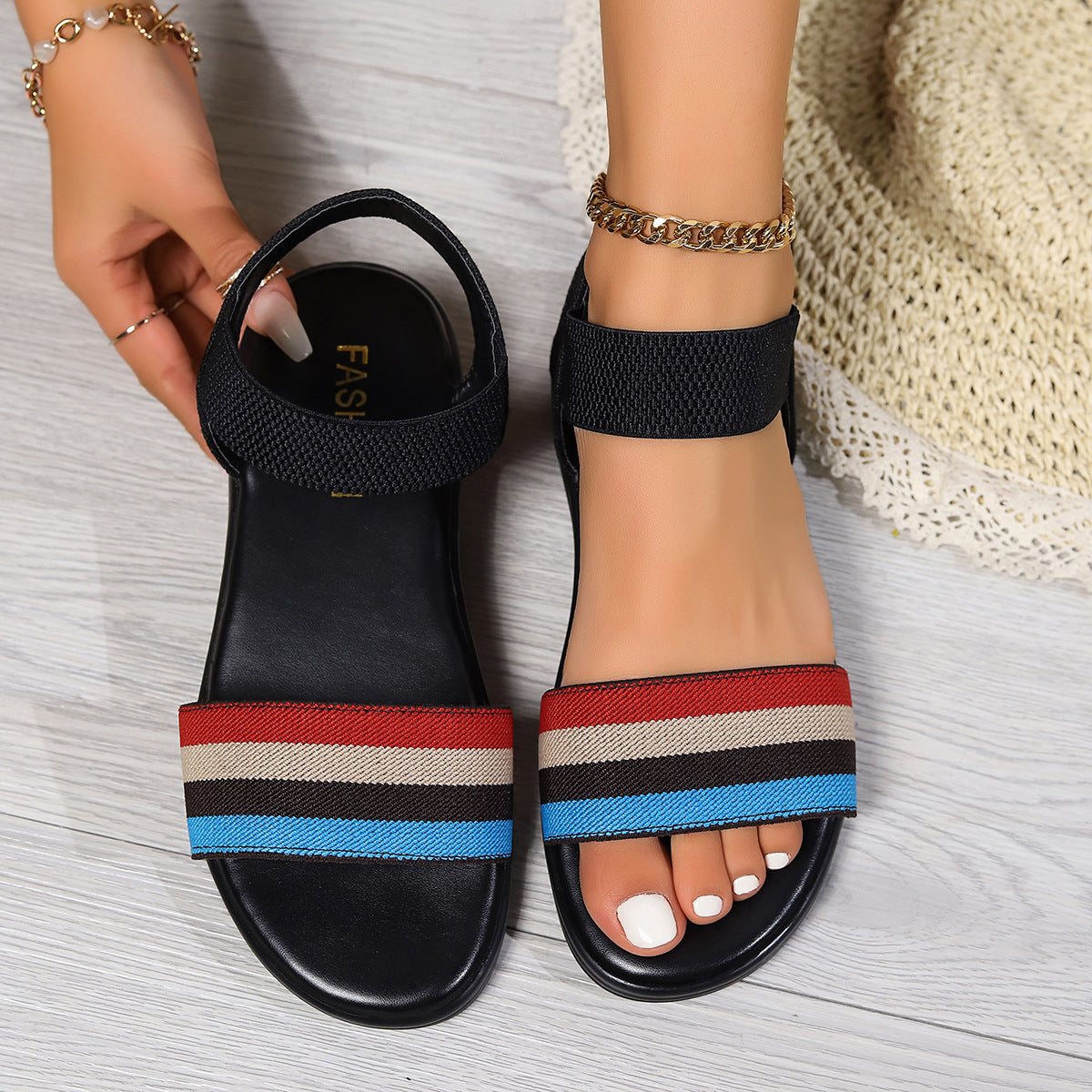 Fashion Color-block Elastic Sandals Summer Fashion Fish Mouth Flat Shoes For Women - J Micheal