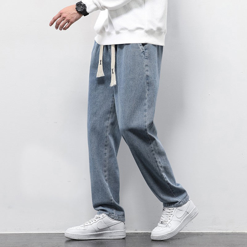 Summer Loose Wide Leg Jeans Pants Men Fashion Drawstring Elasticated Straight Trousers - J Micheal