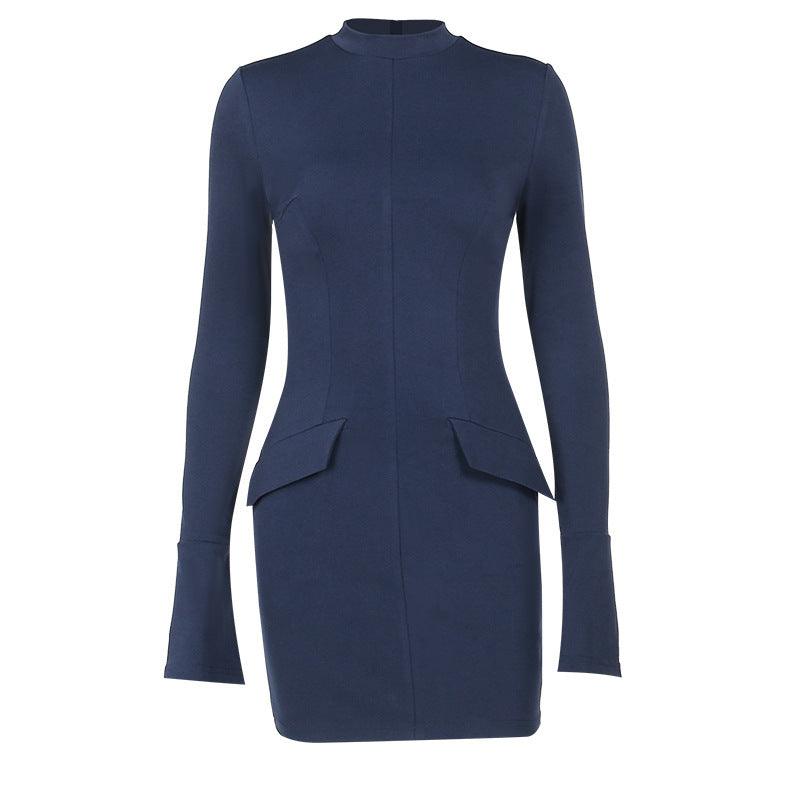 Fashion Long Sleeve Dress With Two Pockets Slim Bodycon Hip Short Dress For Women - J Micheal