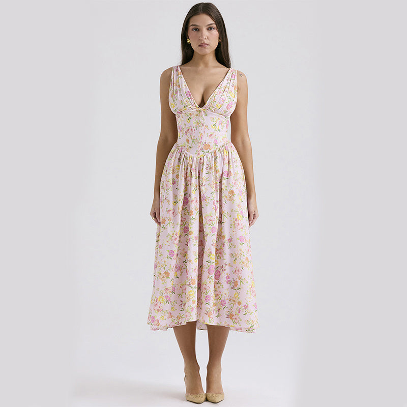 V-neck A-line Dress Summer Pleated Floral Print Tight Waist Swing Dresses With Pockets Womens Clothing - J Micheal