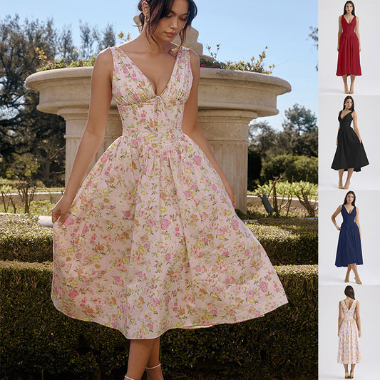 V-neck A-line Dress Summer Pleated Floral Print Tight Waist Swing Dresses With Pockets Womens Clothing - J Micheal