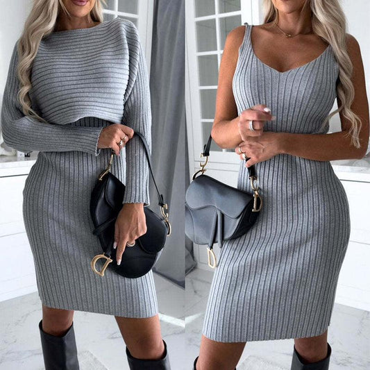 2pcs Suit Women's Solid Stripe Long-sleeved Top And Tight Suspender Skirt Fashion Autumn Winter Slim Clothing - J Micheal