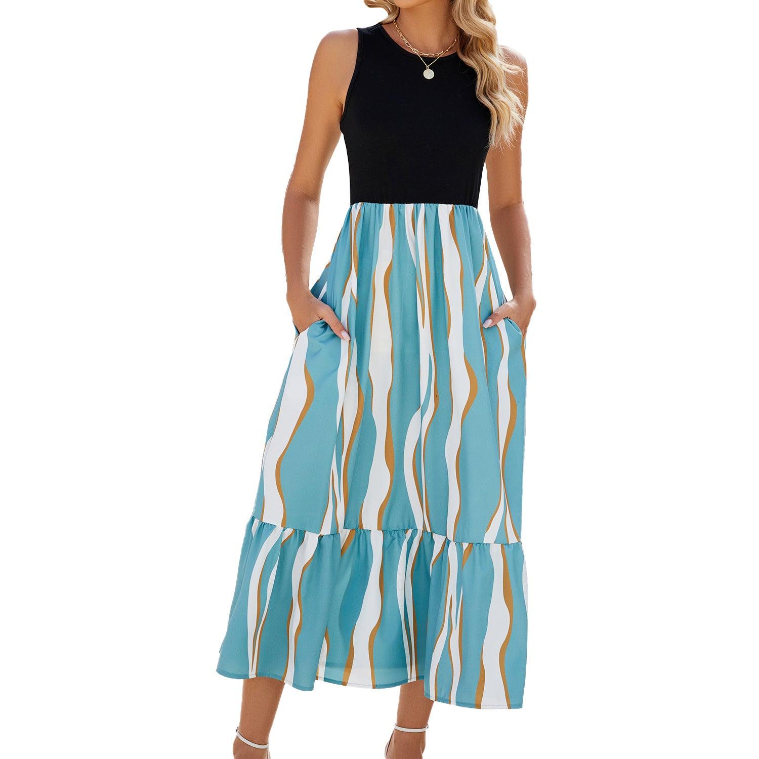 Round Neck Sleeveless Long Dress Summer Fashion Striped Print Dresses Womens Clothing - J Micheal