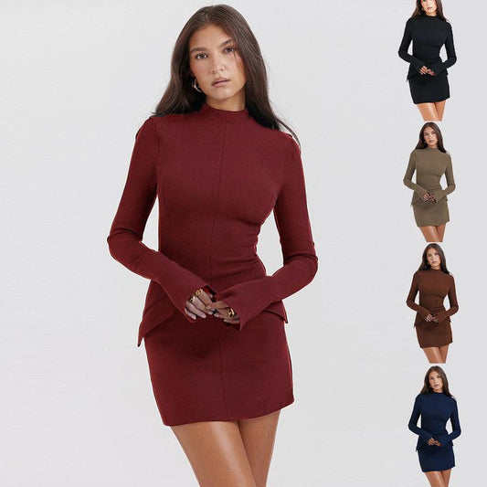 Fashion Long Sleeve Dress With Two Pockets Slim Bodycon Hip Short Dress For Women - J Micheal