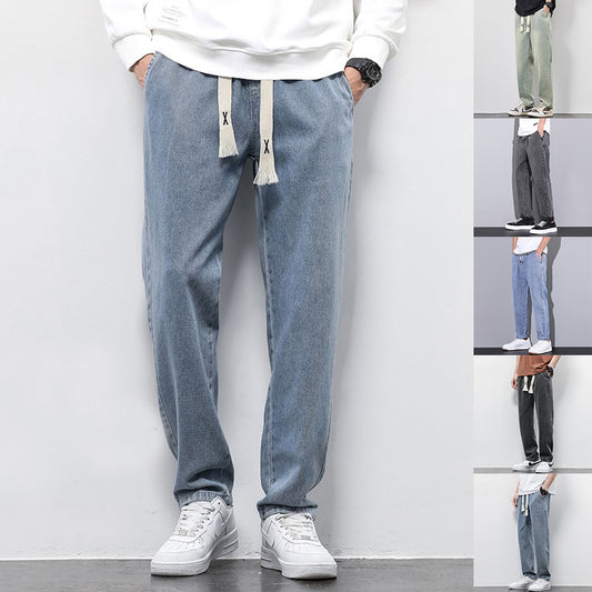 Summer Loose Wide Leg Jeans Pants Men Fashion Drawstring Elasticated Straight Trousers - J Micheal