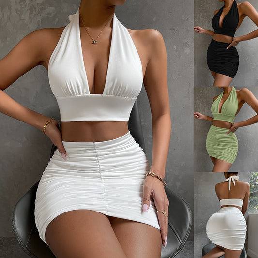 2pcs Dress Suits For Women Halter Lace-up Hip Top And Pleated Hip-covering Skirt - J Micheal