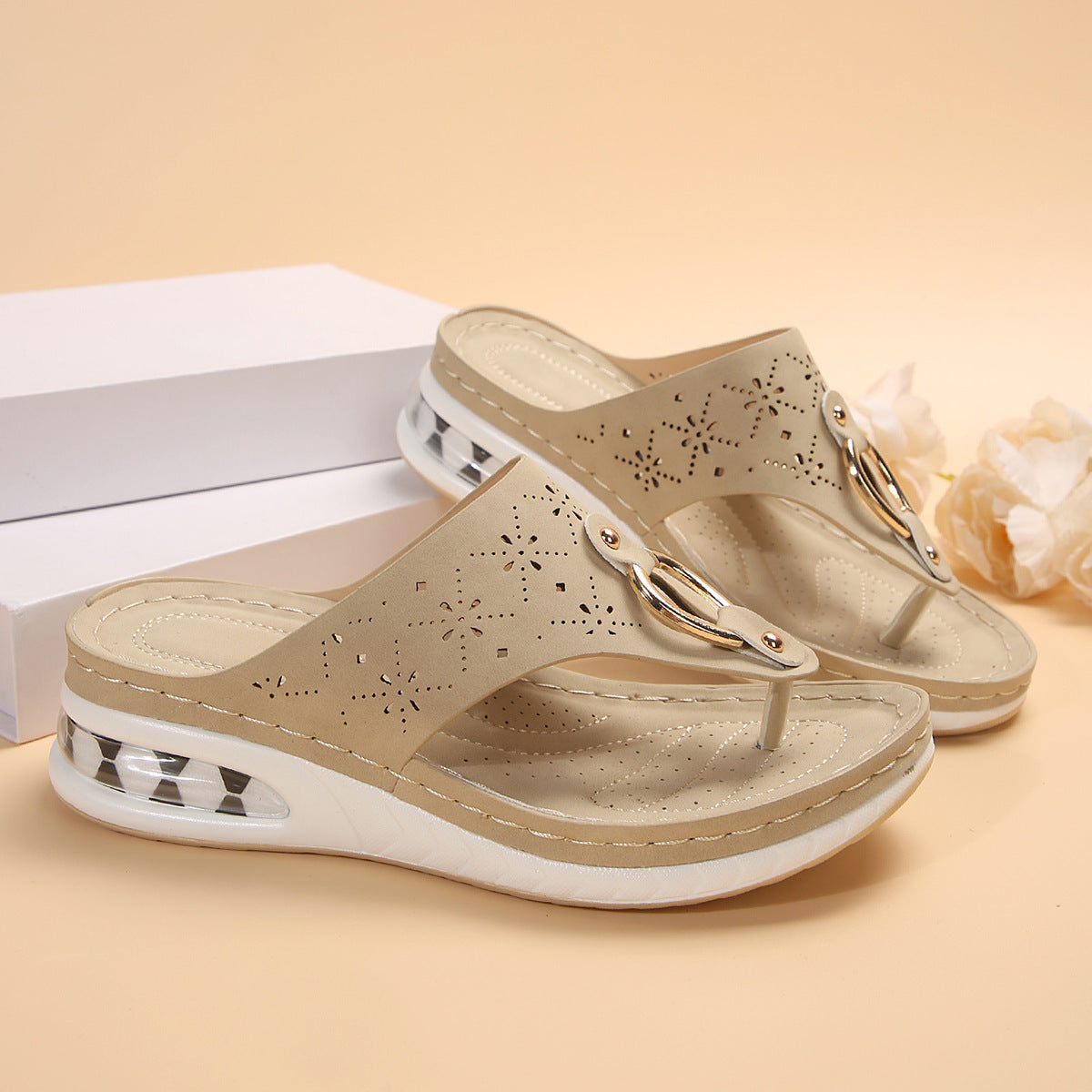 New Air Cushion Thong Sandals Summer Flip Flops Hollow Metal Buckle Wedges Shoes For Women Thick Sole Beach Shoes - J Micheal