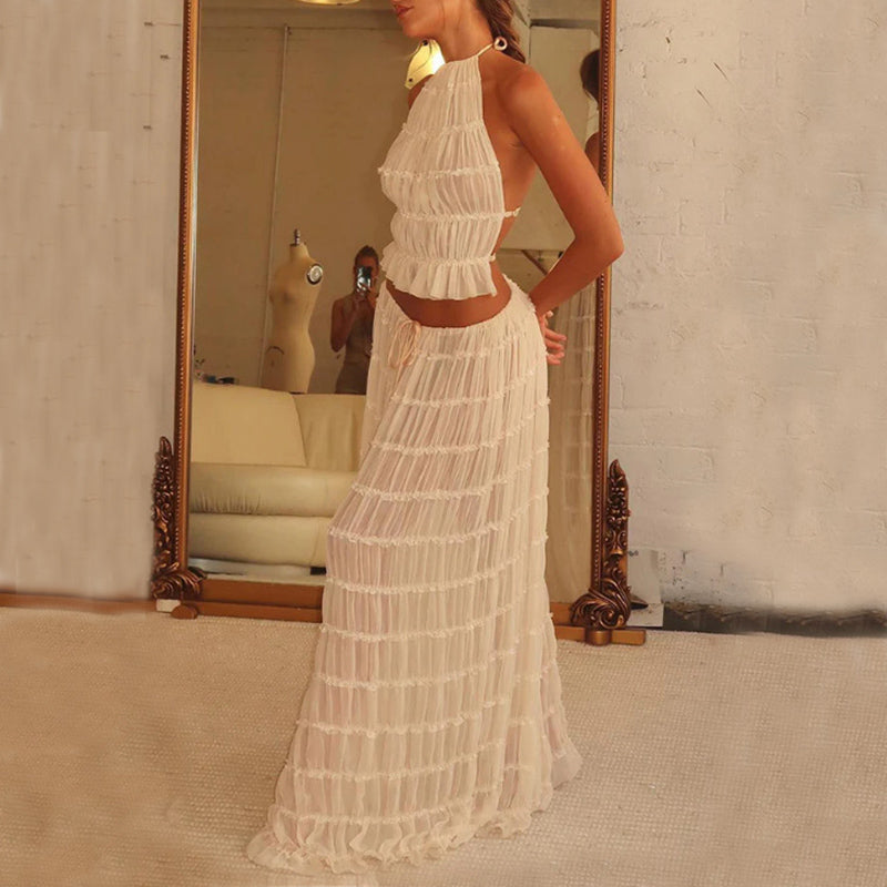 2pcs Women's Dress Suit Sexy Sleeveless Backless Cropped Halter Top And Pleated Long Dress - J Micheal