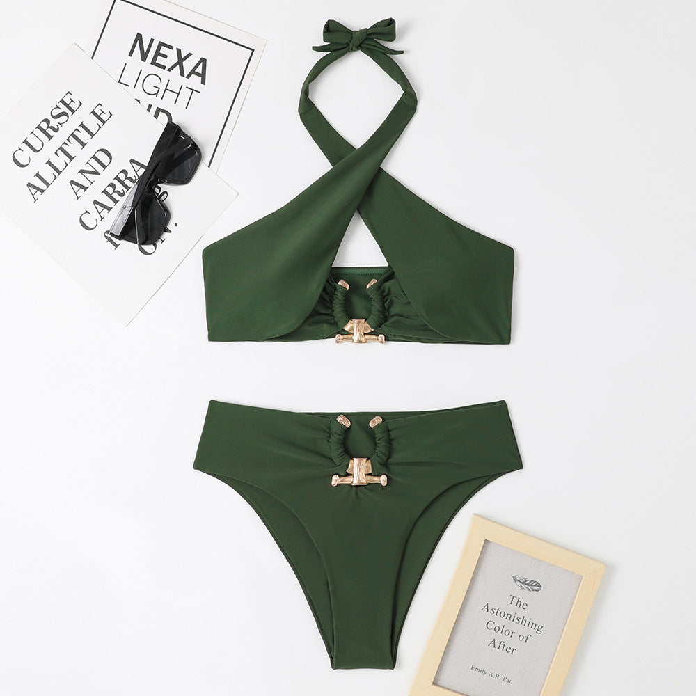Women's Fashion Split High Waist Briefs Cross-halterneck Swimsuit - J Micheal