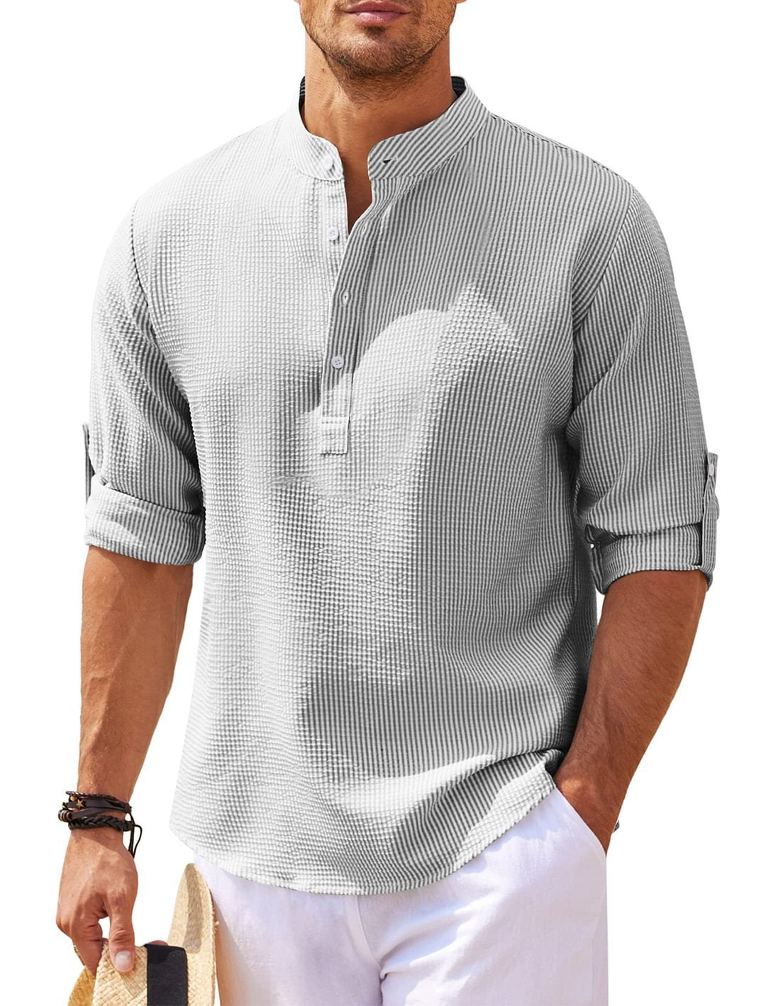 Men's Casual Shirt Long Sleeve Stand Collar Solid Color Shirt Mens Clothing - J Micheal