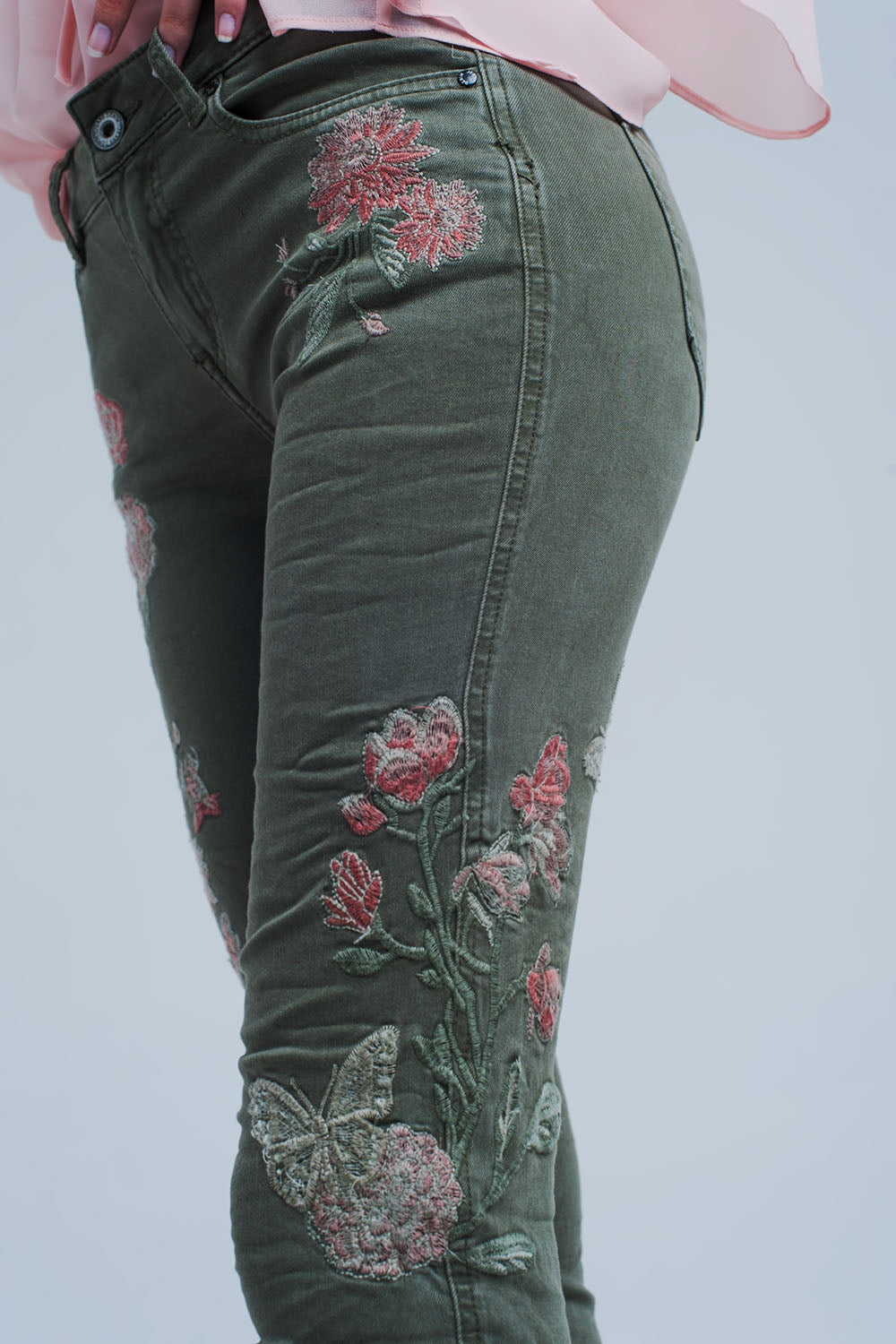 Khaki Jeans With Embroidered Flower - J Micheal