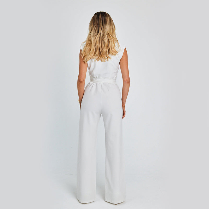 Fashion Elegant Long Sleeveless Jumpsuit Summer V-neck Casual Wide Leg Long Overalls Clothing For Women - J Micheal