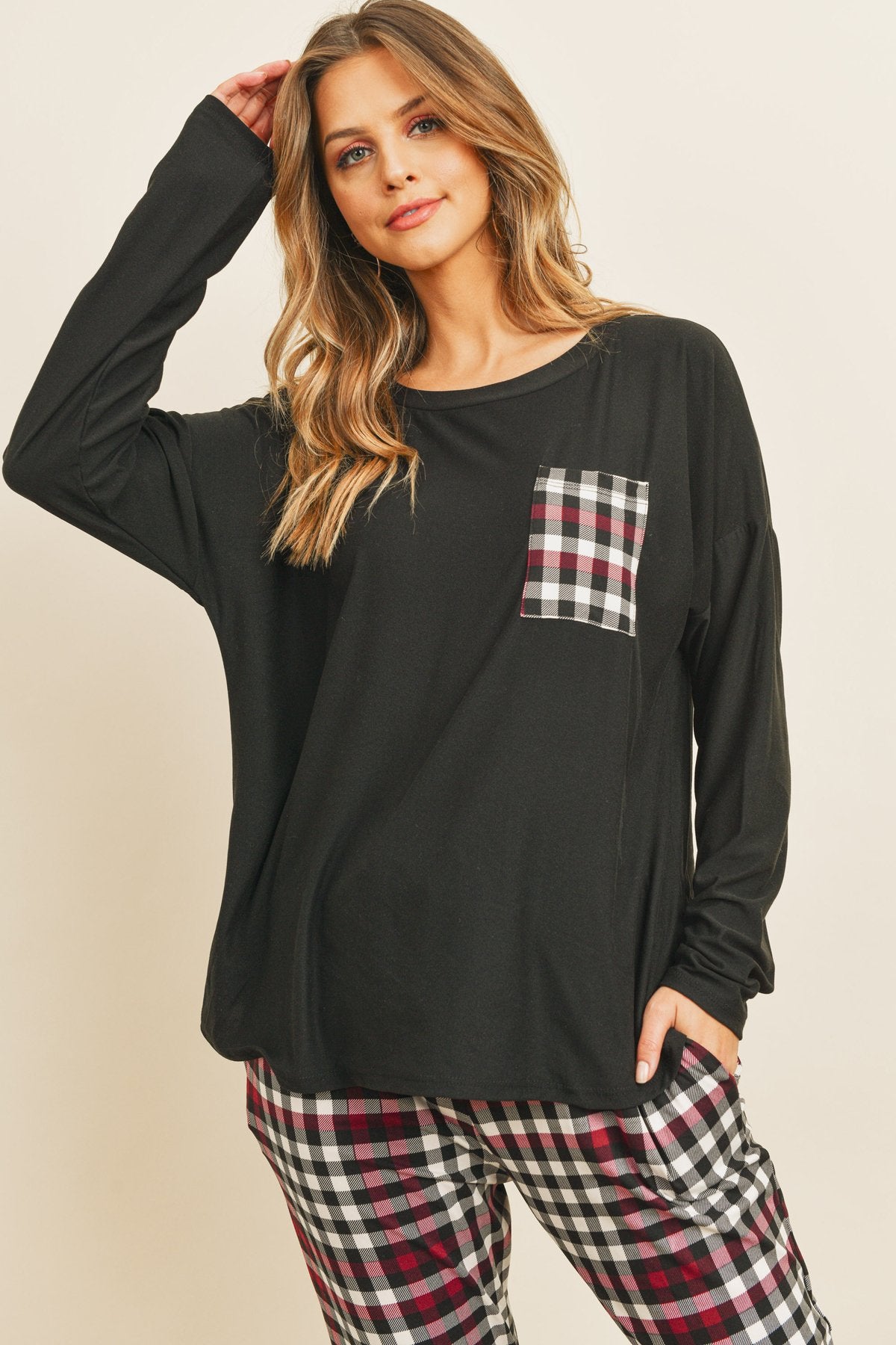 Solid Top Plaid Pocket and Joggers Set With Self Tie - J Micheal