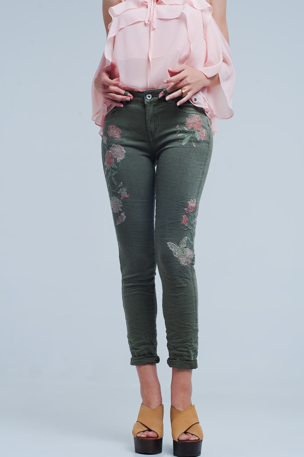 Khaki Jeans With Embroidered Flower - J Micheal