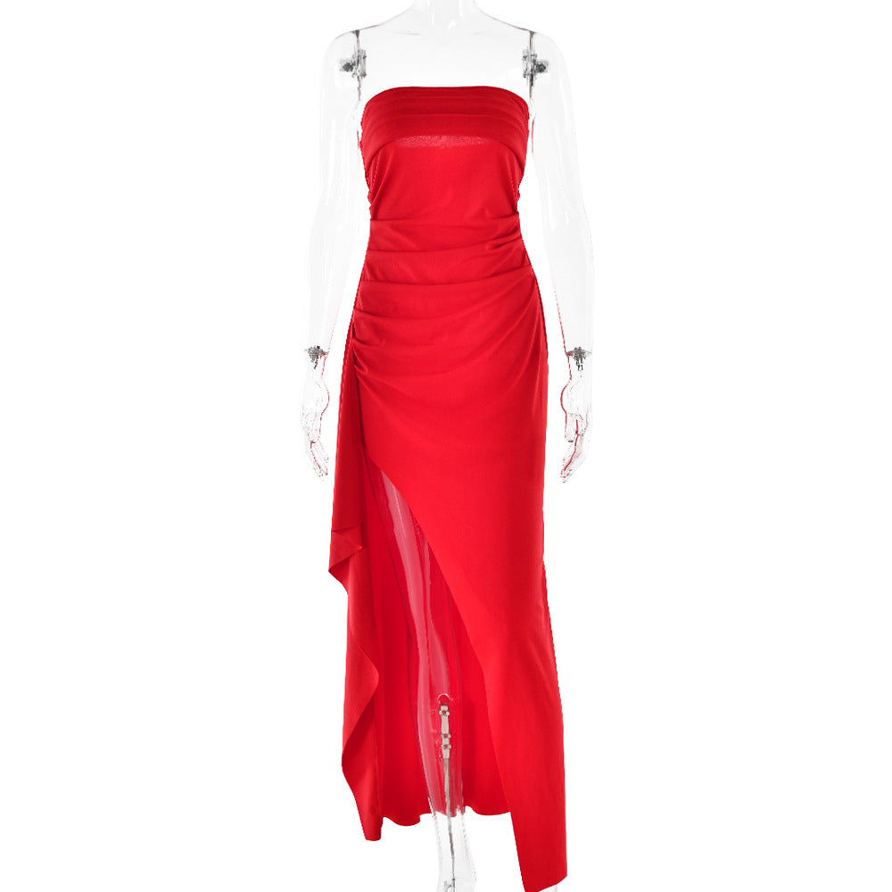 Strapless Split Long Dress Summer Fashion Pleated Bridesmaid Dress For Womens Party Wedding Clothing - J Micheal
